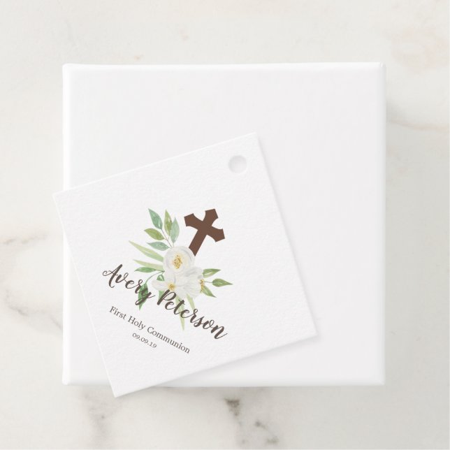 Elegant Weiß & Grüne Blüte Erste Heilige Kommunion Geschenkanhänger (Beispiel)