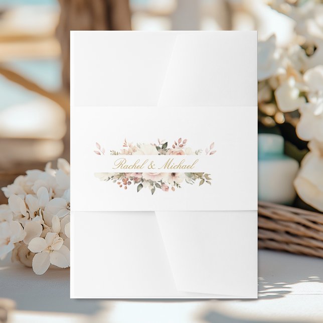 Elegant, weiß, pastellfarben, Blume Einladungsbanderole (Elegant, white, pastel, flower bouquet invitation belly band with your name.)