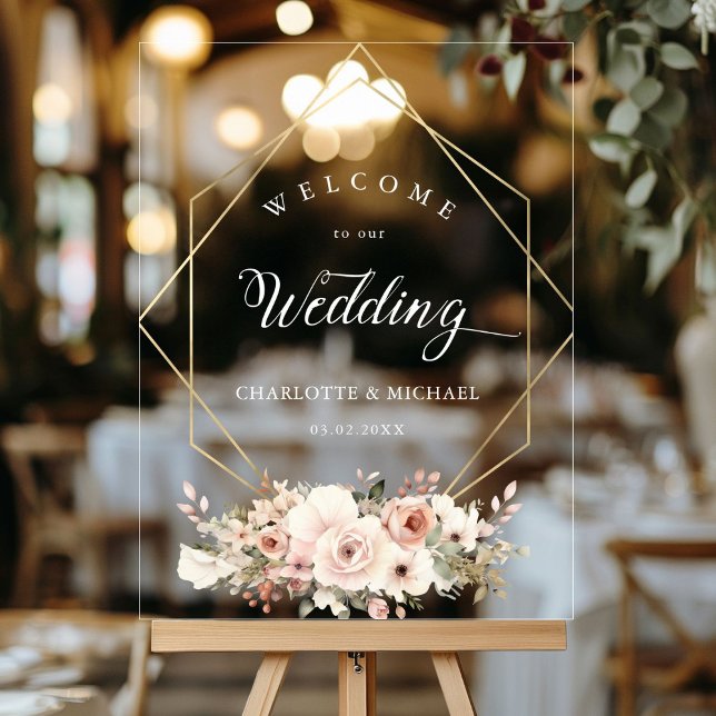 Elegant, weiß, pastellfarben, Blume, geometrische  Acrylschild (Personalized Elegant, White, Pastel, Flower, Geometric Wedding Acrylic Sign with your names and date)