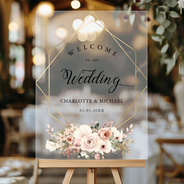 Elegant, weiß, pastellfarben, Blume, geometrische  Acrylschild (Personalized Elegant, White, Pastel, Flower, Geometric Wedding Acrylic Sign with your names and date)