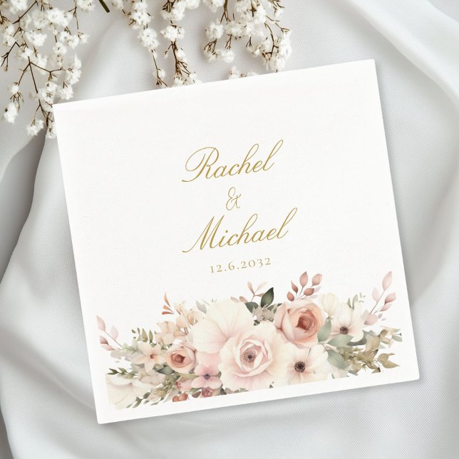 Elegant, weiß, pastellfarben, Blume Serviette (Personalized, elegant, white, pastel, flower bouquet napkins with your name and date.)