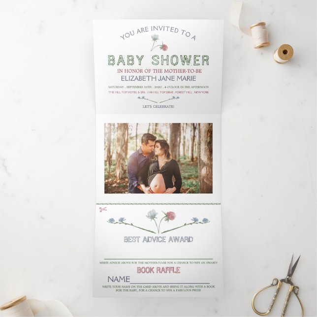 Elegant weiß, Wildblume Babydusche Suite Dreifach Gefaltete Einladung (Innenseite)