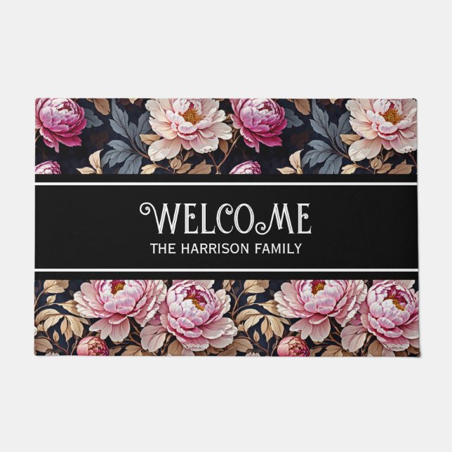 Elegant Welcome Blush Pink Peony Floral Fußmatte (Vorderseite)