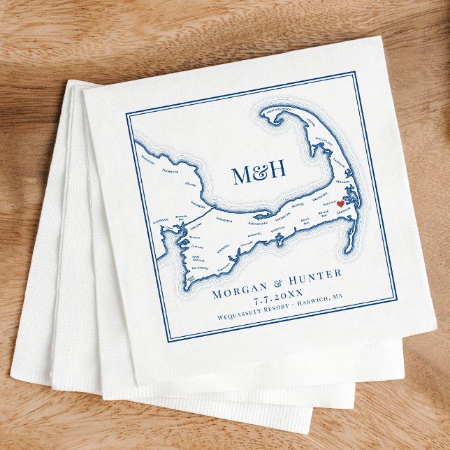 Elegant Wequassett Resort Wedding Serviette (Wequassett Resort Wedding Napkins with Elegant Navy Blue Cape Cod Map from Coastal Map Designs)