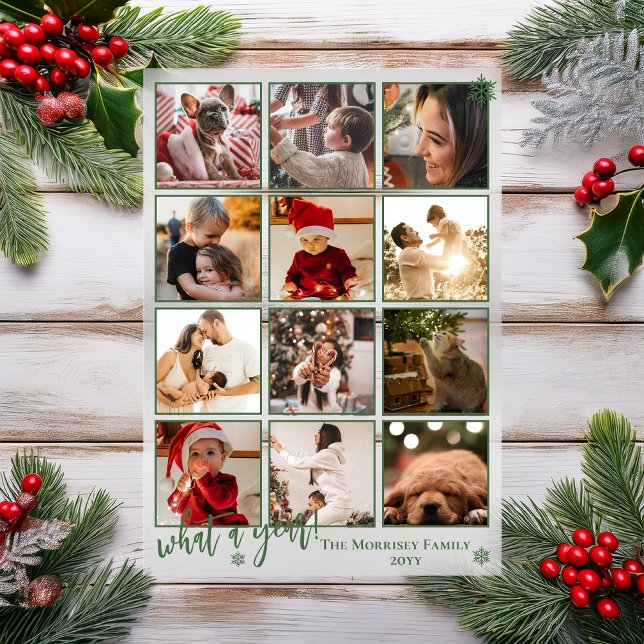 Elegant What A Year 12 Photo Snowflakes Acryleinladungen ("What A Year!" Snowflakes Green Framed 12 Photo Christmas Holiday Acrylic Card)