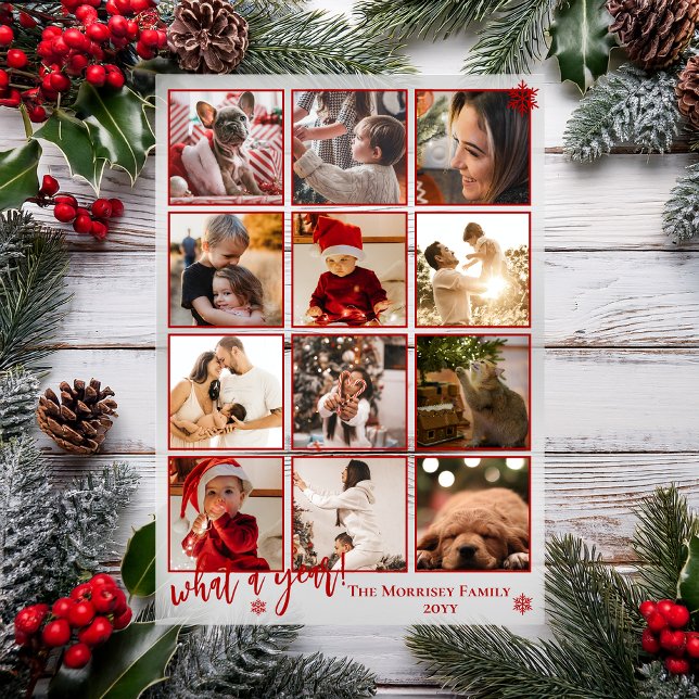 Elegant What A Year 12 Photo Snowflakes Acryleinladungen ("What A Year!" Snowflakes Red Framed 12 Photo Christmas Holiday Acrylic Card)