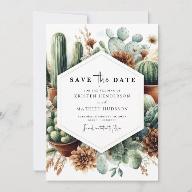 Elegant Whimsical Cactus Wedding Save The Date (Vorderseite)