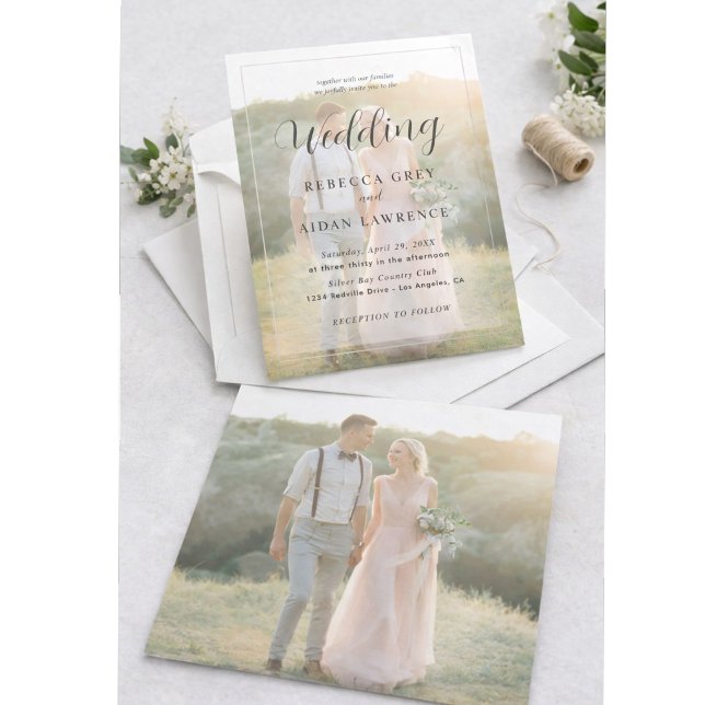 Elegant White and Black Gold Border Photo Wedding Einladung (Von Creator hochgeladen)