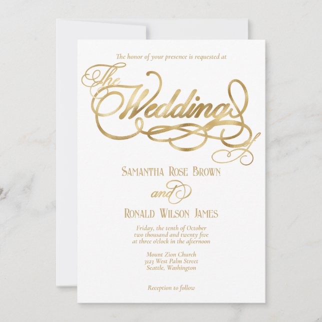Elegant White and Faux Gold Calligraphy Wedding Einladung (Vorderseite)