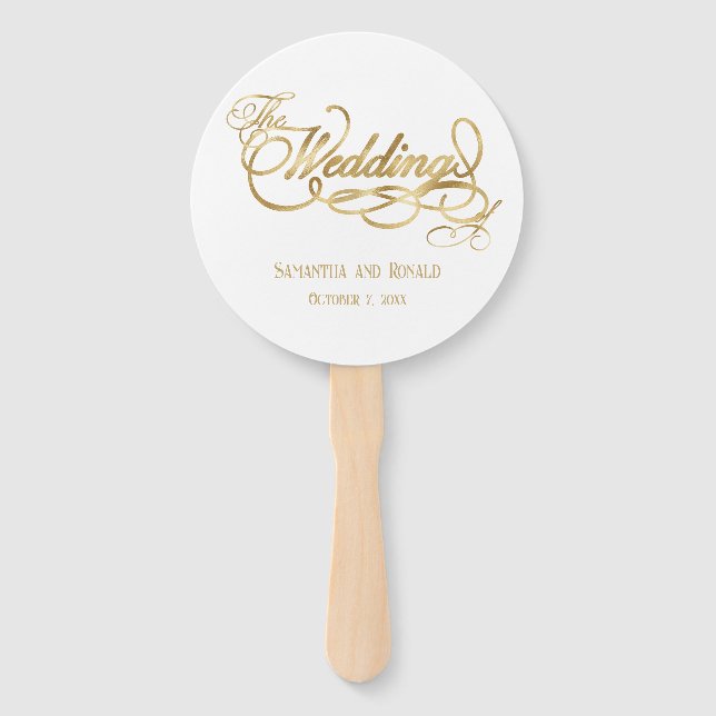 Elegant White and Faux Gold Calligraphy Wedding Fächer (Vorderseite)