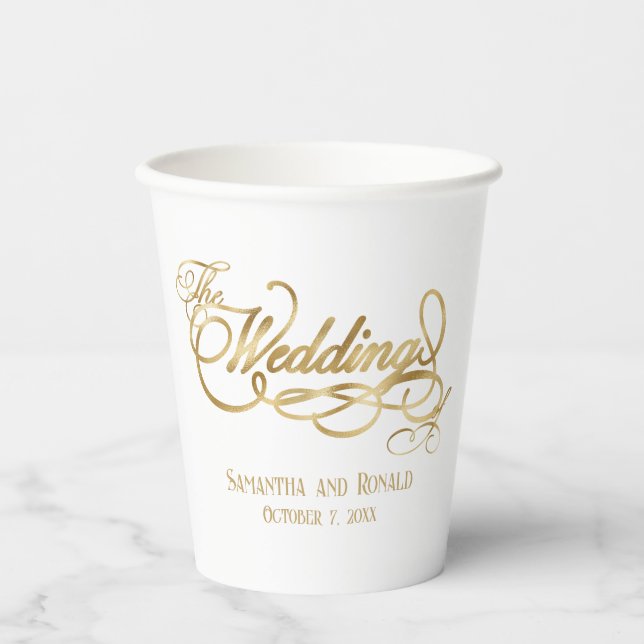 Elegant White and Faux Gold Calligraphy Wedding  Pappbecher (Vorderseite)