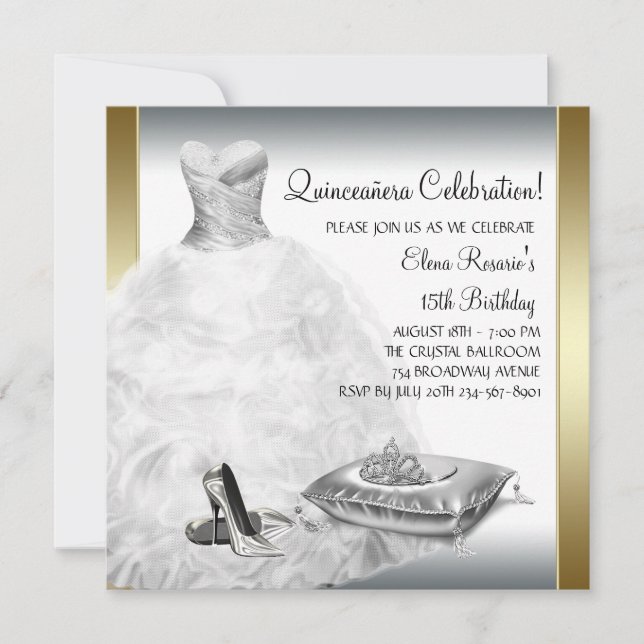 Elegant White and Gold Princess Quinceanera Einladung (Vorderseite)