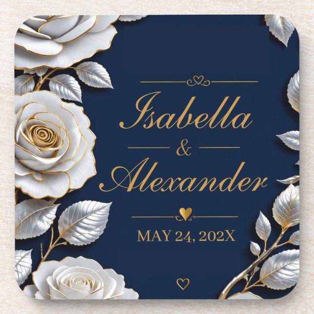 Elegant White and Gold Rose on Navy Blue  Getränkeuntersetzer (Vorderseite)