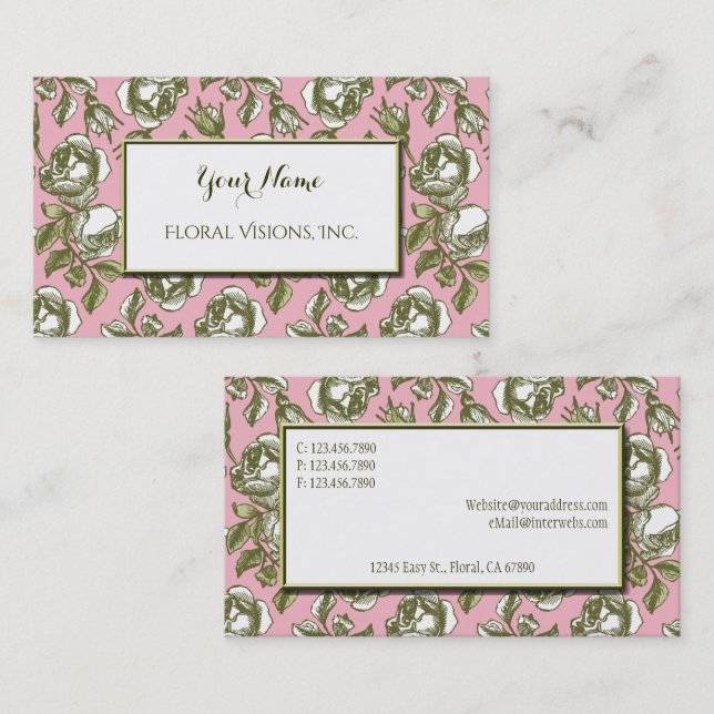 Elegant White and Gold Roses on Pink Custom Visitenkarte (Vorne/Hinten)
