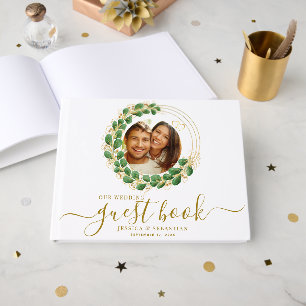 Elegant White and Gold Zwei Fotos Hochzeit Gästebuch