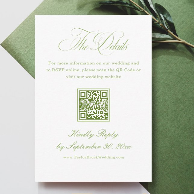 Elegant White and Green Wedding Details Qr Code Begleitkarte (Von Creator hochgeladen)