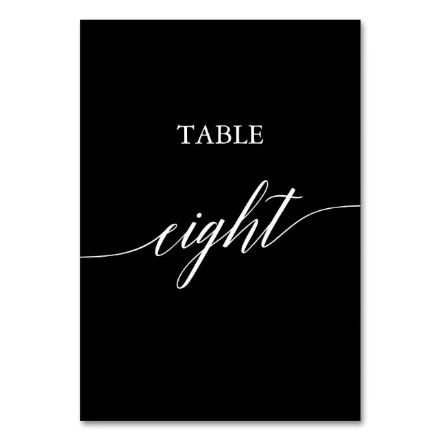 Elegant White auf Black Calligraphy Table Aight Tischnummer (Vorderseite)