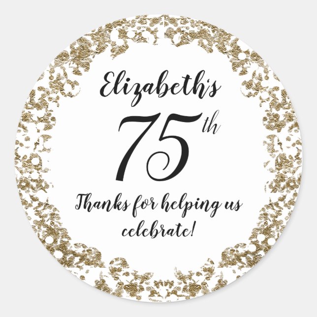 Elegant White Black and Gold 75th Birthday Runder Aufkleber (Vorderseite)