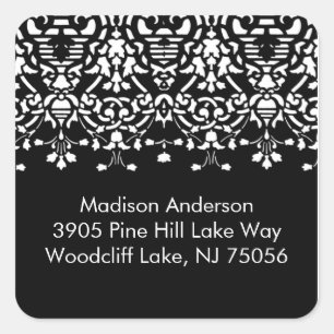 Elegant White & Black Damask Address Square Sticke Quadratischer Aufkleber