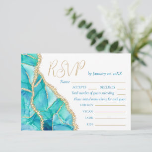 Elegant White Blue Gold Glitter Wedding menu RSVP Karte