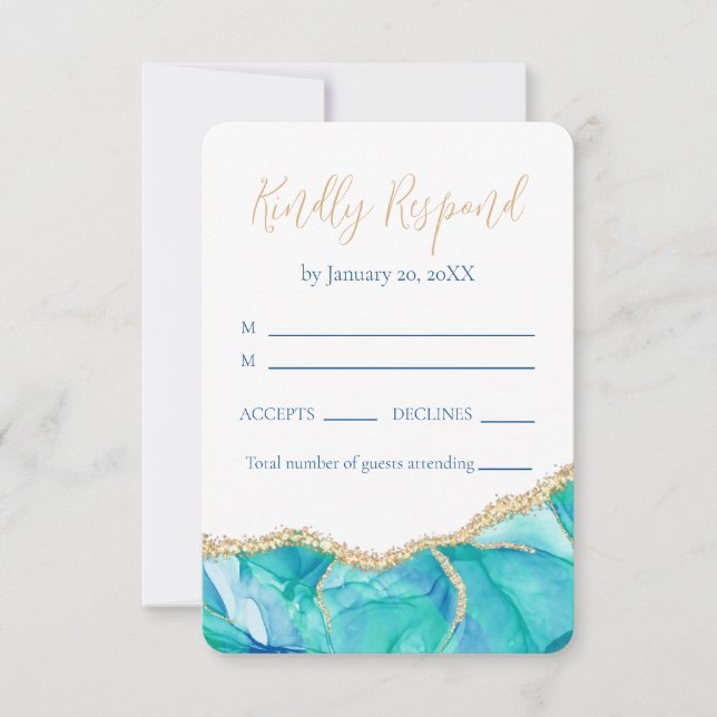 Elegant White Blue Gold Glitter Wedding RSVP Karte (Vorderseite)