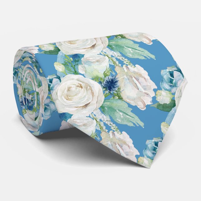 Elegant White Blue Winter Rose Neck Tie Krawatte (Gerollt)