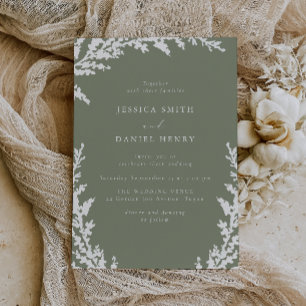 Elegant White Boho Leaf Sage Green Wedding Einladung