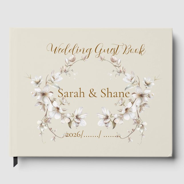 Elegant White Botanical Blossom Ivory Wedding Gästebuch (Vorderseite)