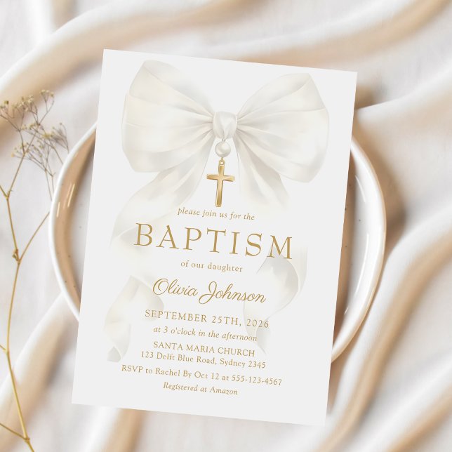 Elegant White Bow Baptism Girl Invitation Einladung (Von Creator hochgeladen)