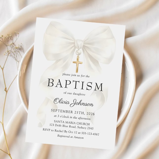 Elegant White Bow Baptism Girl Invitation Einladung (Von Creator hochgeladen)