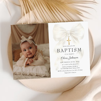 Elegant White Bow Baptism Girl Photo Invitation Einladung