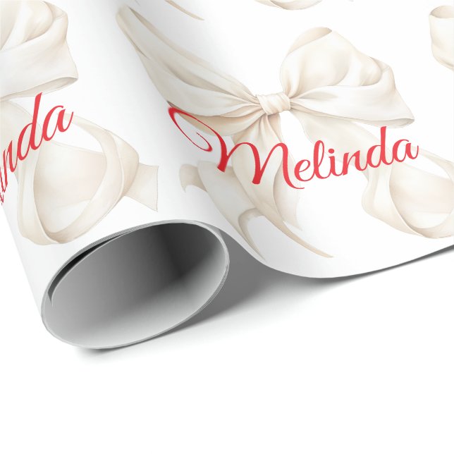 Elegant White Bow red name  Christmas  Geschenkpapier (Rolleneckpunkt)