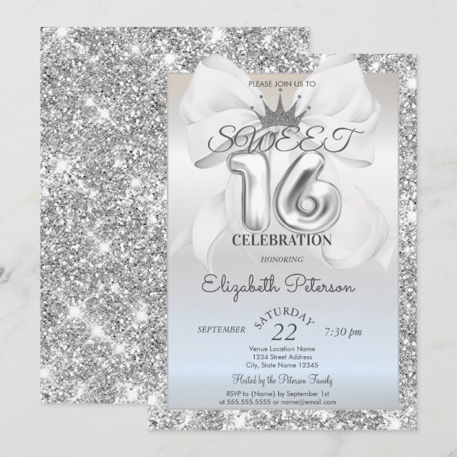 Elegant White Bow,Tiara,Silver Glitter Sweet 16  Einladung (Vorne/Hinten)