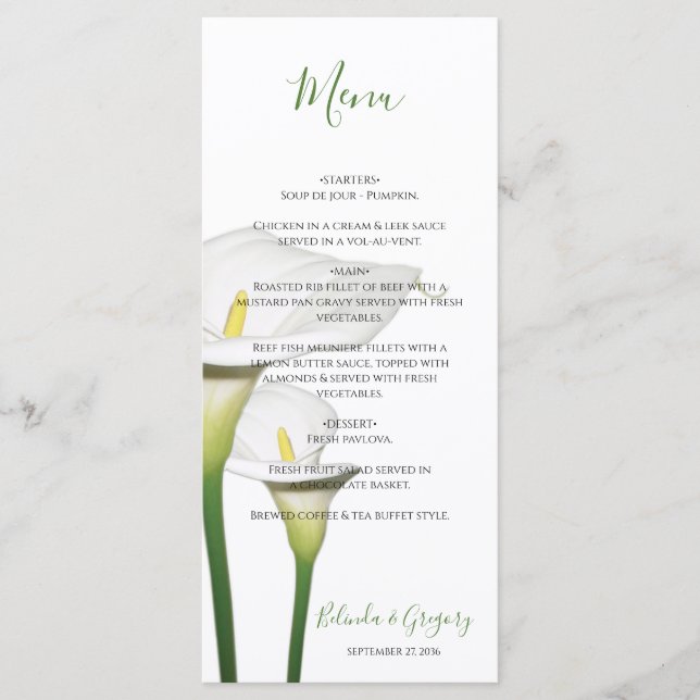 Elegant White Calla Lilies Wedding Menükarte (Vorderseite)