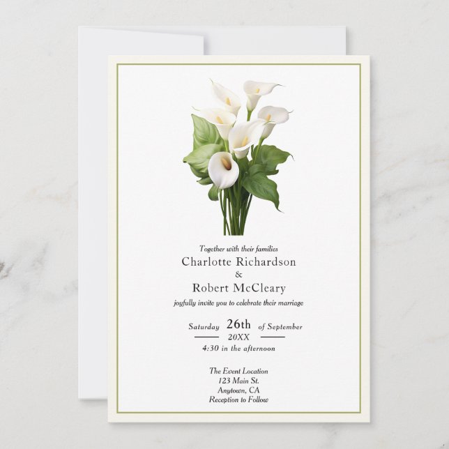 Elegant White Calla Lily Wedding Einladung (Vorderseite)