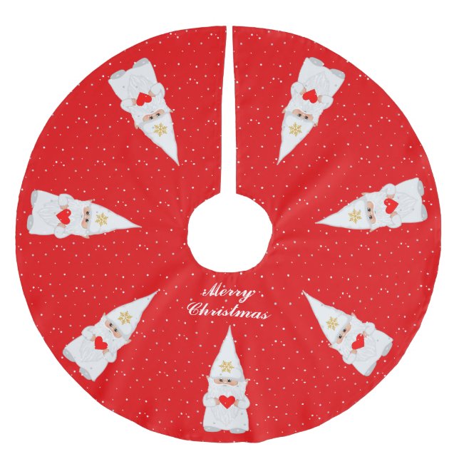 Elegant White Christmas Gnomes on Red Polyester Weihnachtsbaumdecke (Vorderseite)