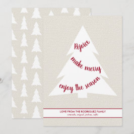 Elegant White Christmas Tree Burgundy Script Beige Feiertagskarte