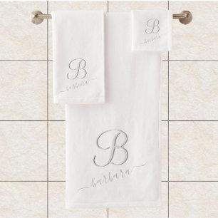 Elegant White Custom Monogram Name  Badhandtuch Set