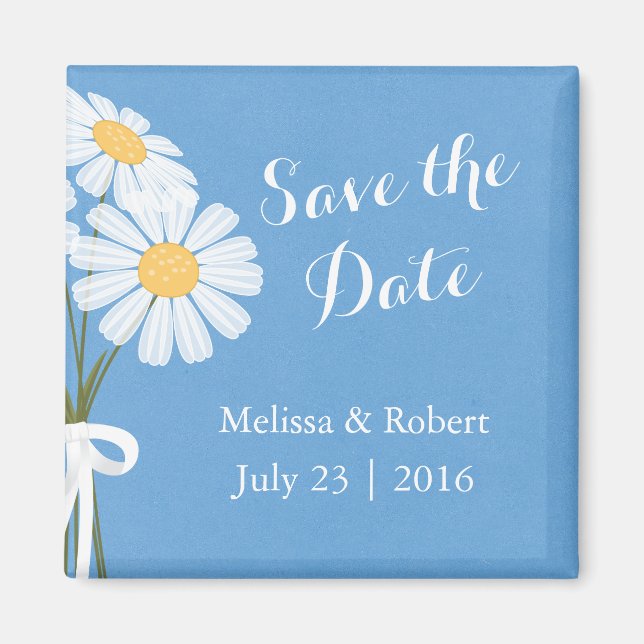 Elegant White Daisies Blue Save the Date Wedding Magnet (Vorne)