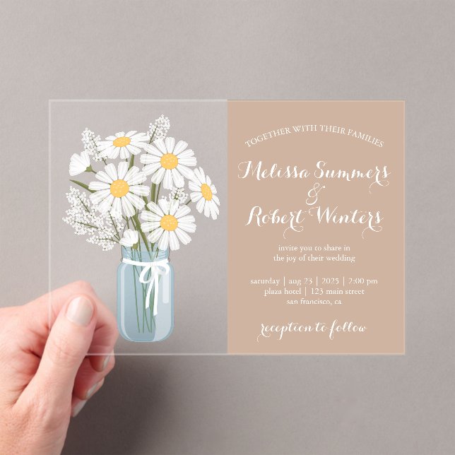 Elegant White Daisies Mason Jar Wedding Beige Acryleinladungen (Insitu (Handheld))