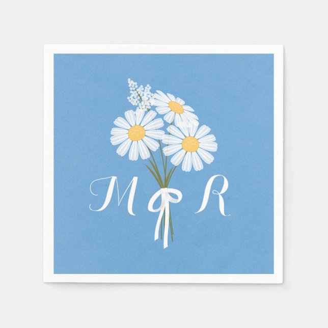 Elegant White Daisies on Blue Monogram Wedding Serviette (Vorderseite)