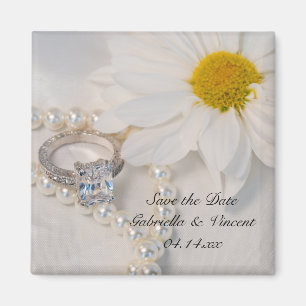 Elegant White Daisy Wedding Save the Date Magnet