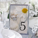 Elegant White Daisy Wedding Table Numbers Tischnummer<br><div class="desc">These pretty Elegant White Daisy Wedding Table Numbers add a touch of class to the table at your marriage reception,  bridal shower or engagement party. These custom flowery table number cards feature a floral fotograph of a white daisy flower blossom,  princess cut diamond ring and white pearl necklace.</div>