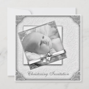 Elegant White Damask Foto Christening Einladung