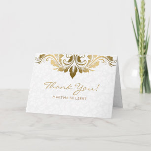 Elegant White Damasks Gold Swirl Dankeskarte