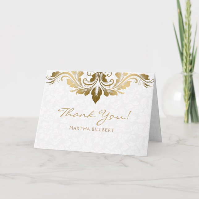 Elegant White Damasks Gold Swirl Dankeskarte (Vorderseite)