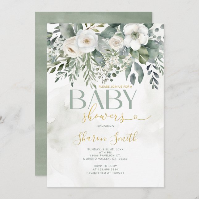 Elegant White Eucalyptus Floral Girl Baby Shower Einladung (Vorne/Hinten)