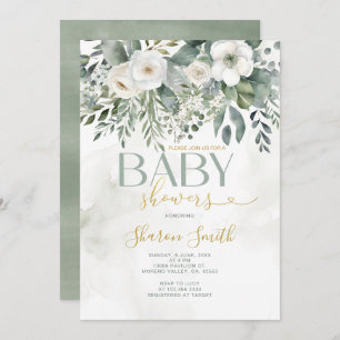 Elegant White Eucalyptus Floral Girl Baby Shower Einladung