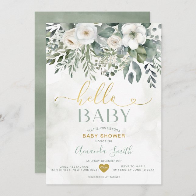 Elegant White Eucalyptus Floral Hello Baby Shower Einladung (Vorne/Hinten)