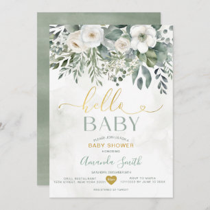 Elegant White Eucalyptus Floral Hello Baby Shower Einladung